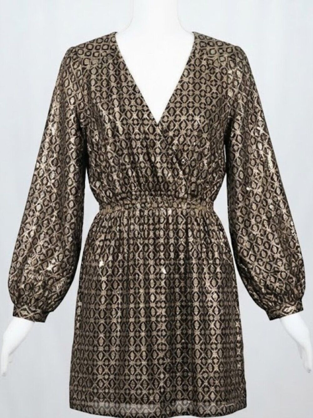Akira Black Label Gold Silver Sequin Diamond Wrap Mini Dress L NYE Party